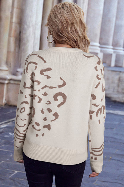 Camel Asymmetric Leopard Print Detail Drop Shoulder Sweater