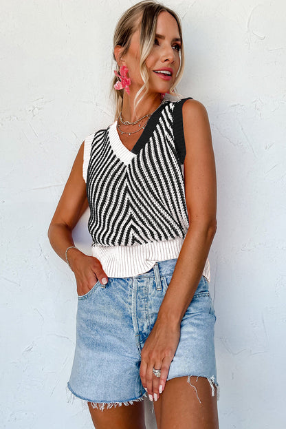 Black Contrast Chevron Knit V Neck Sweater Vest