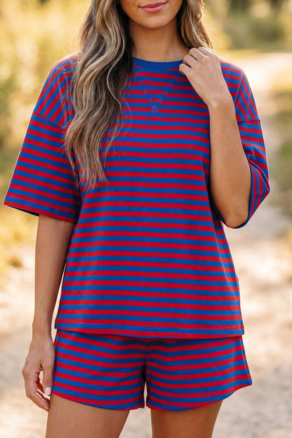 Striped Ribbed Cotton Two-Piece Short Set with Chest Patch Detail