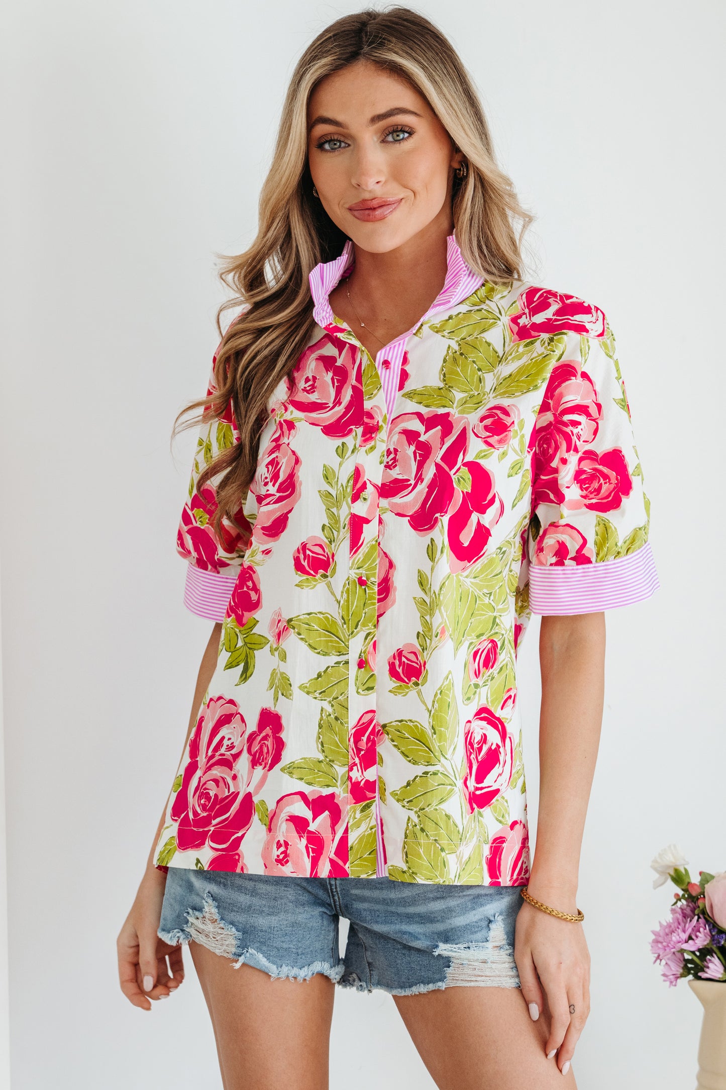 Pink Flower Print Striped Trim Frilled Collar Short Sleeve Shirt