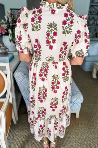 Beige Floral Short Bubble Sleeve Tiered Maxi Dress