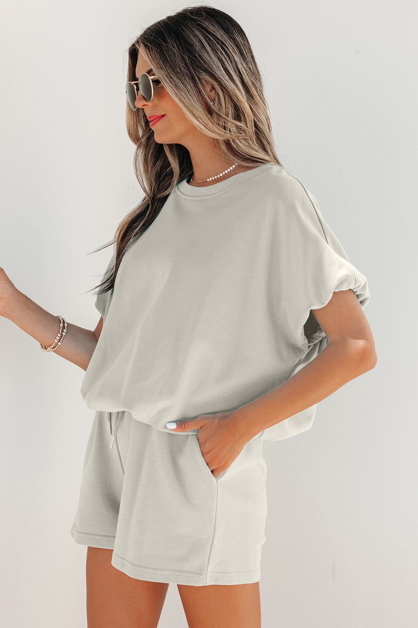 Solid Color Puffy Loose Top Drawstring Shorts 2pcs Outfit