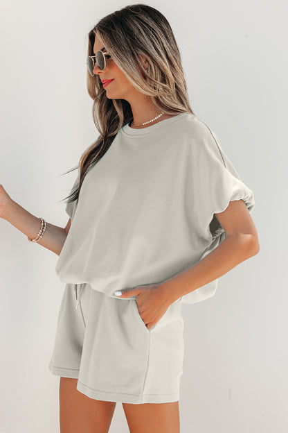 Solid Color Puffy Loose Top Drawstring Shorts 2pcs Outfit
