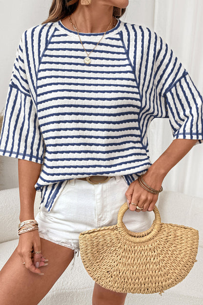 Stripe Textured Knit Split Hem Half Sleeve Loose Top