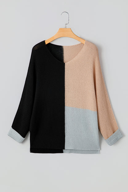 Chestnut Color Block Knit V Neck Loose Sweater