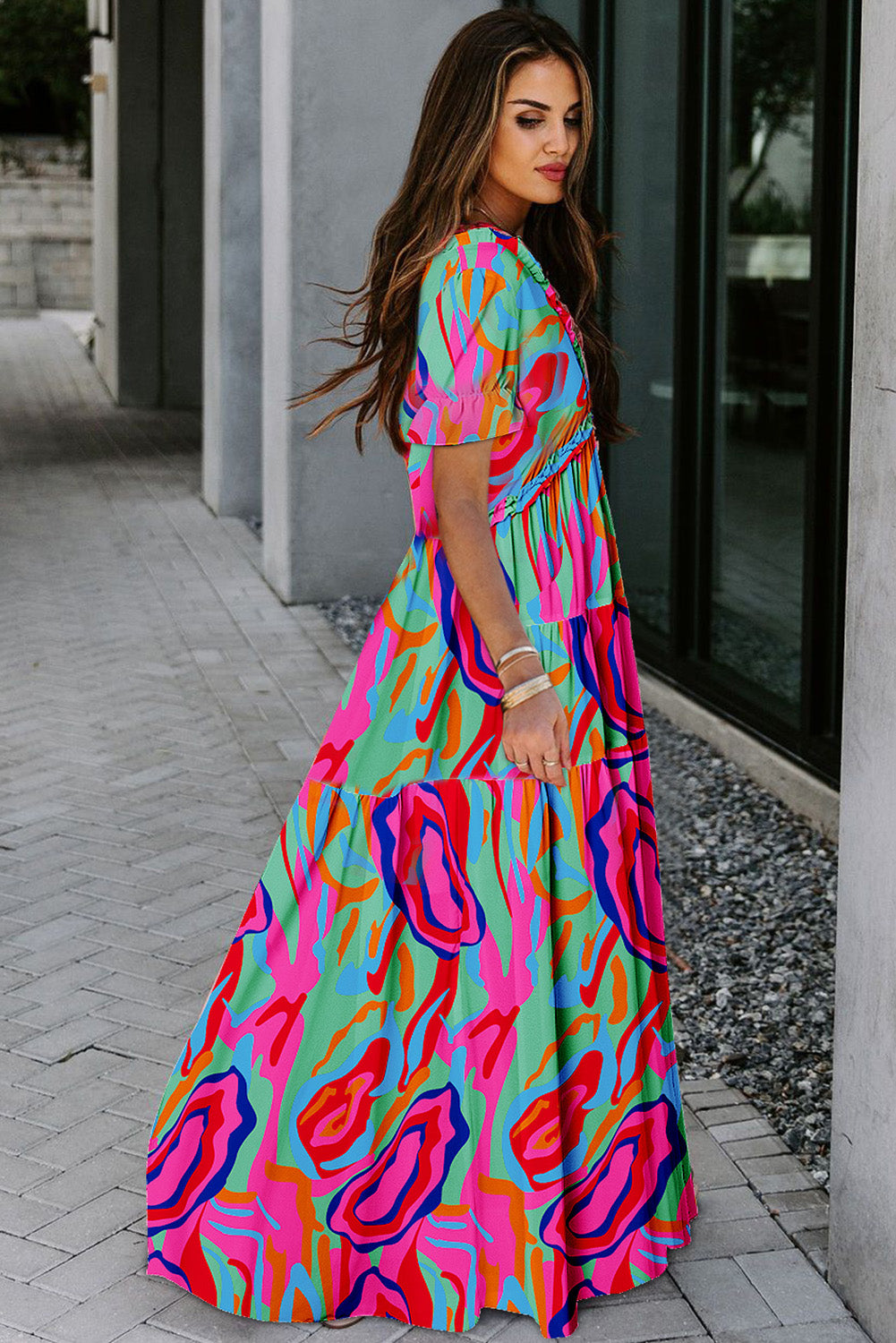 Multicolor Fiery Floral Print Frilled V Neck Short Sleeve Maxi Dress