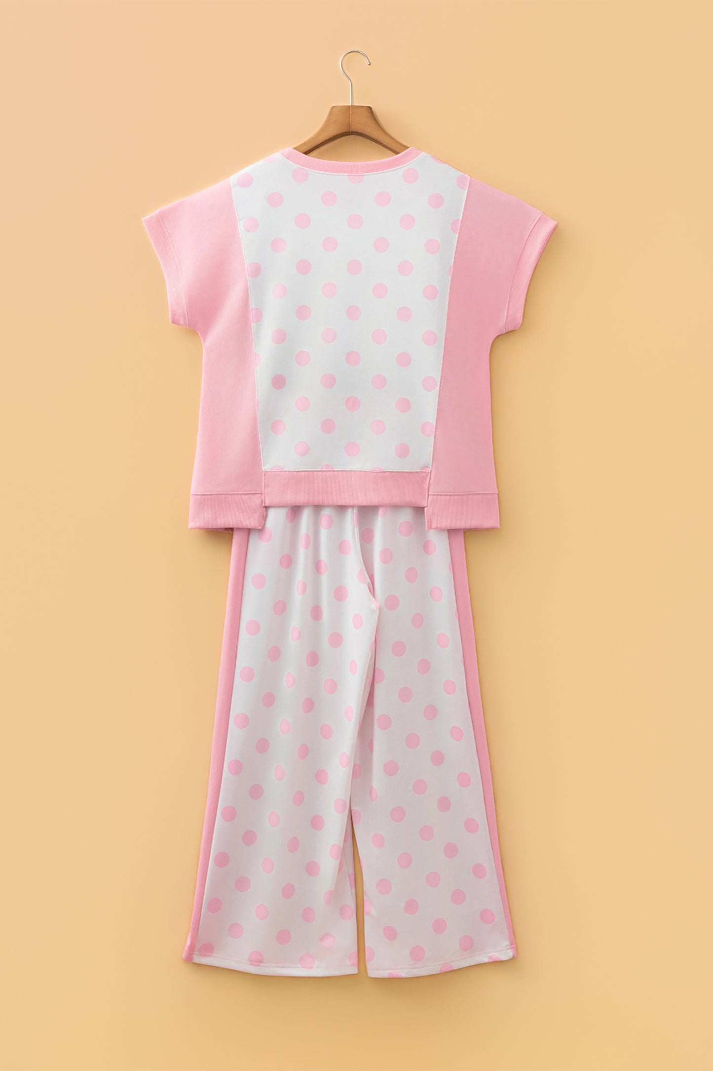 Color Block Patchwork Polka Dot Wide Leg Pant Set