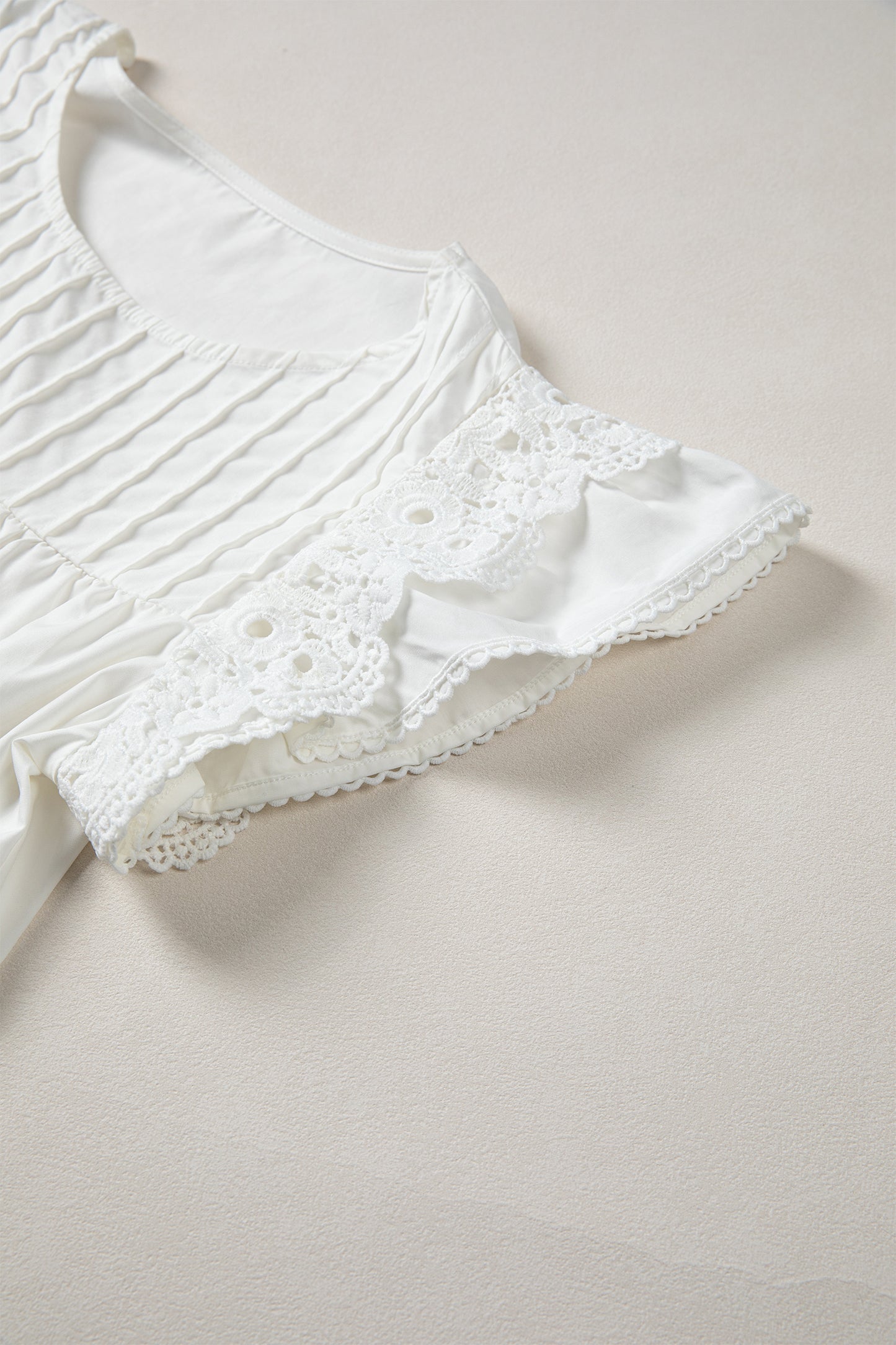 Lace Detail Flutter Sleeve Pleated Round Neck Blouse
