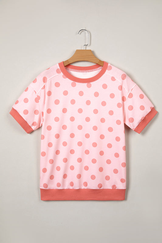 Color Block Trim Polka Dot Casual Tee