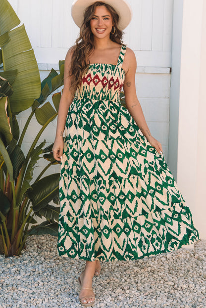 Green Western Aztec Shirred A-line Sleeveless Maxi Dress