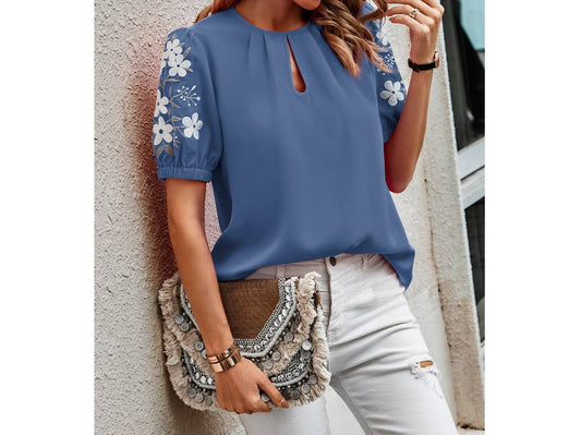 Floral Keyhole Neckline Puff Sleeve Blouse | Blouse - Women's | short sleeve top, tops | Elings