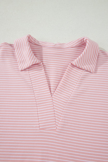 Stripe Dolman Sleeve Polo Shirt and Drawstring Shorts Set