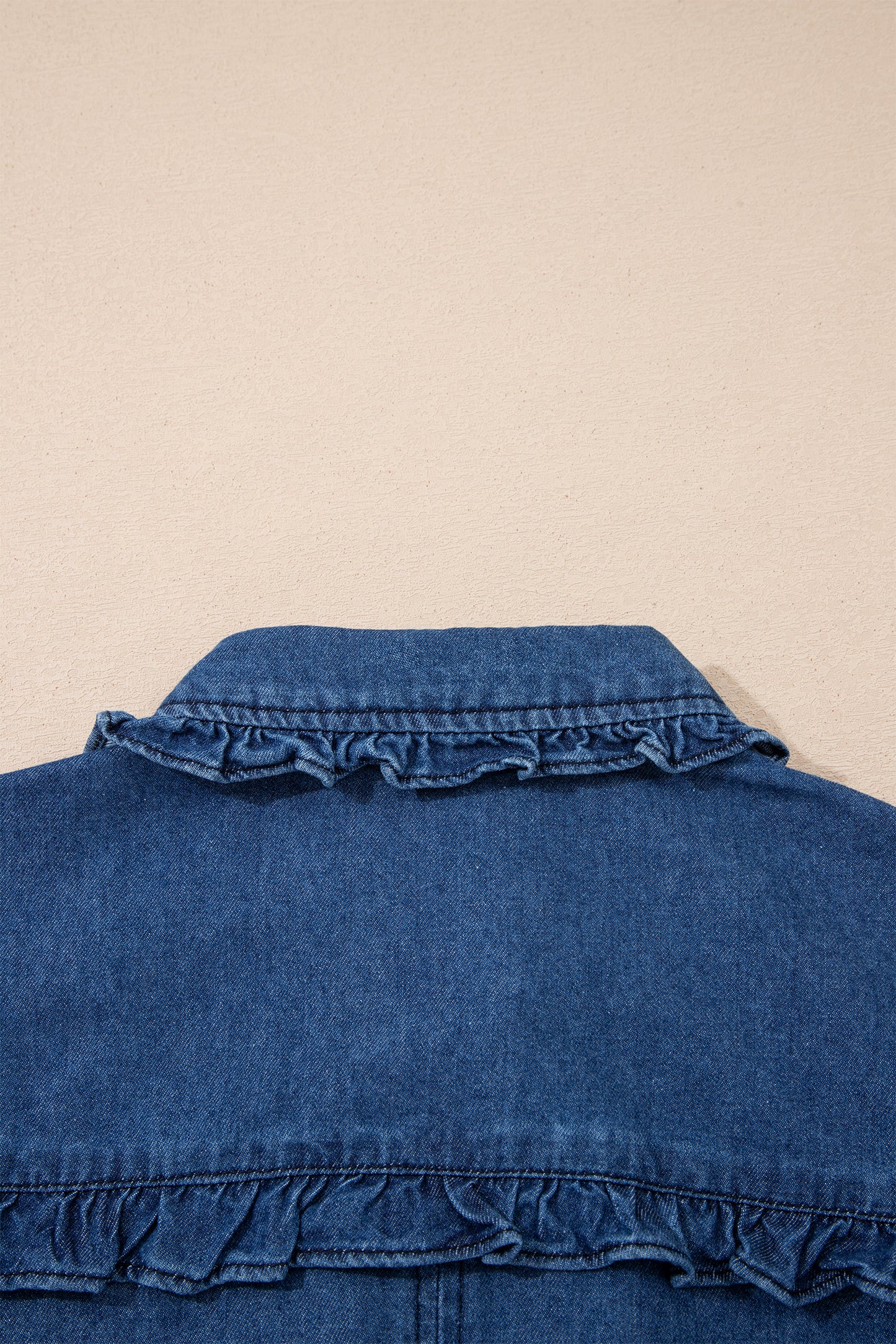 Ruffled Edge Collared Shift Denim Dress with Pockets
