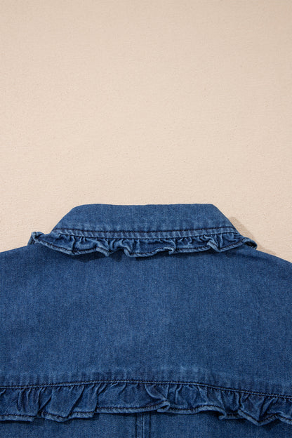Ruffled Edge Collared Shift Denim Dress with Pockets
