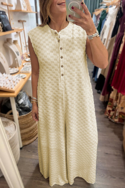 Half Buttons Sleeveless Wide Leg Textured Jumpsuit