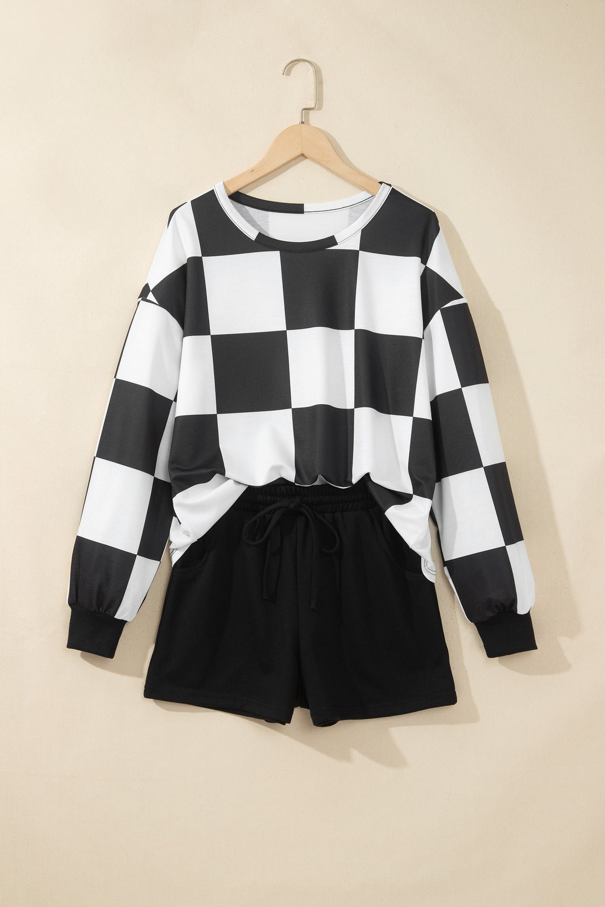 Checkerboard Plaid Long Sleeve Solid Color Shorts 2pcs Set
