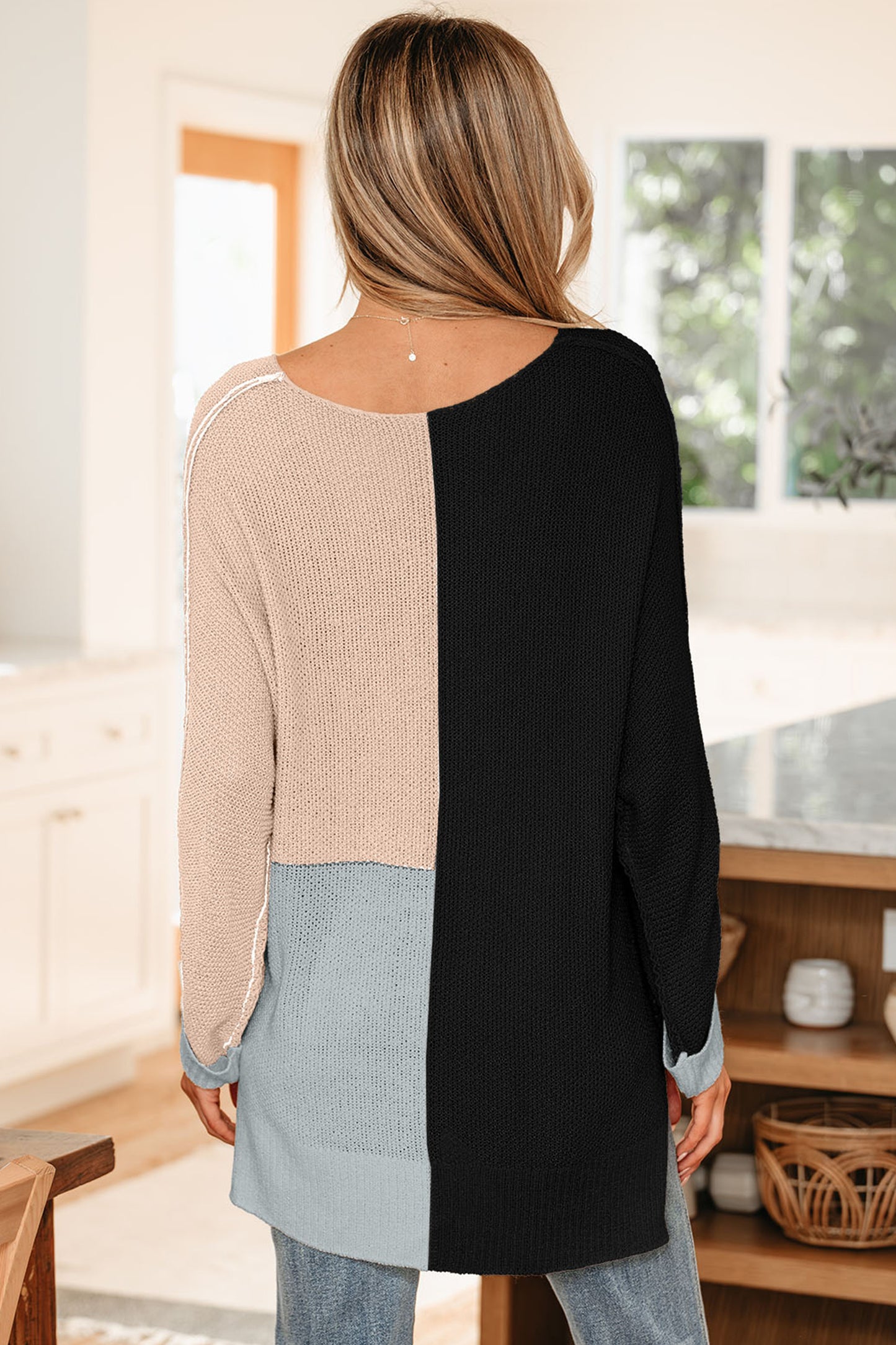 Chestnut Color Block Knit V Neck Loose Sweater