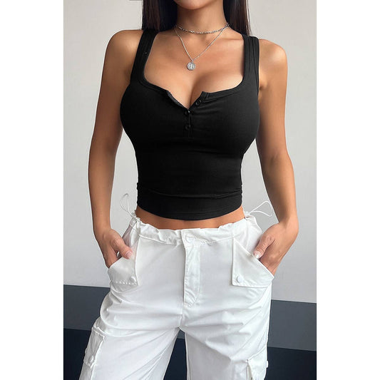 Solid Elastic Sleeveless Button Square Neck Vest | Blouse - Women's | basic, eb tops, new arrival, pending, shoppe247, sleeveless, sleeveless top, Top | Elings