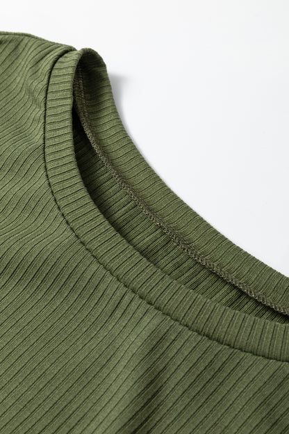 Jungle Green Solid Color Ribbed Ruffled Short Sleeve T Shirt
