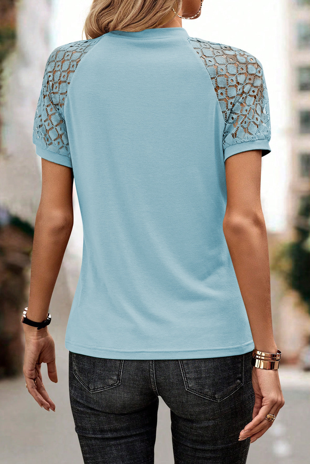 Mist Blue Seamed Detail Contrast Lace Raglan Sleeve Tee