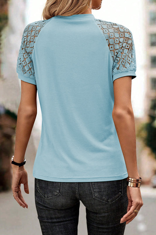 Mist Blue Seamed Detail Contrast Lace Raglan Sleeve Tee