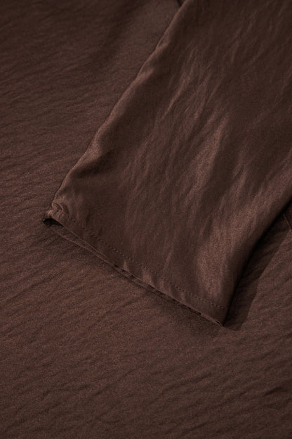 Dark Brown Braided V Neck Long Sleeve Loose Top and Drawstring High Waist Pants 2pcs Outfit