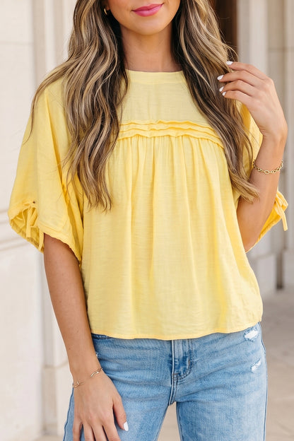 Tie Half Sleeve Pleated Detail Babydoll Blouse