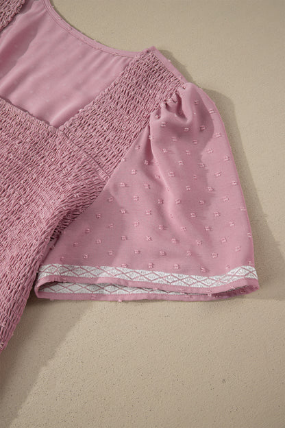 Pink Plus Size Swiss Dot Short Sleeve Smocked High Waist Flowy Midi Dress