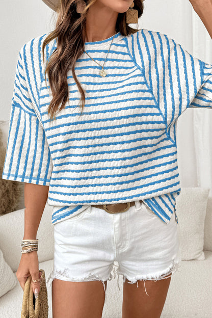 Stripe Textured Knit Split Hem Half Sleeve Loose Top