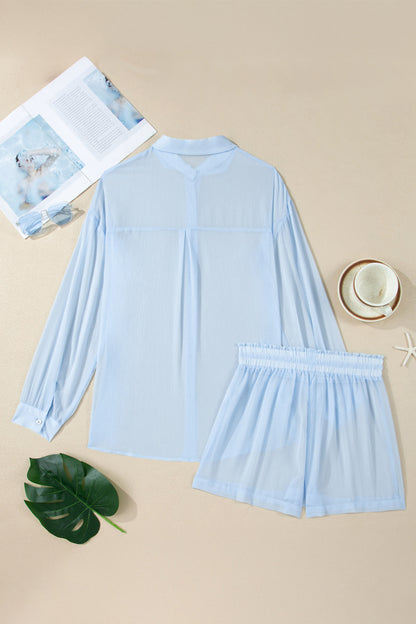 Sheer Tunic Shirt Drawstring Shorts 2pcs Swim Cover Up