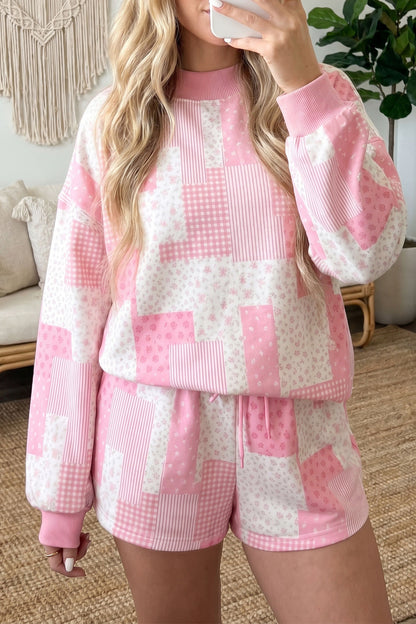 Patchwork Floral Print Drop Shoulder Baggy Pullover Drawstring Shorts Set