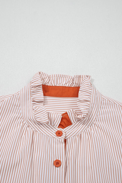 Khaki Stripe Color Block Patchwork Detail Frilled Collar Button Down Shirt
