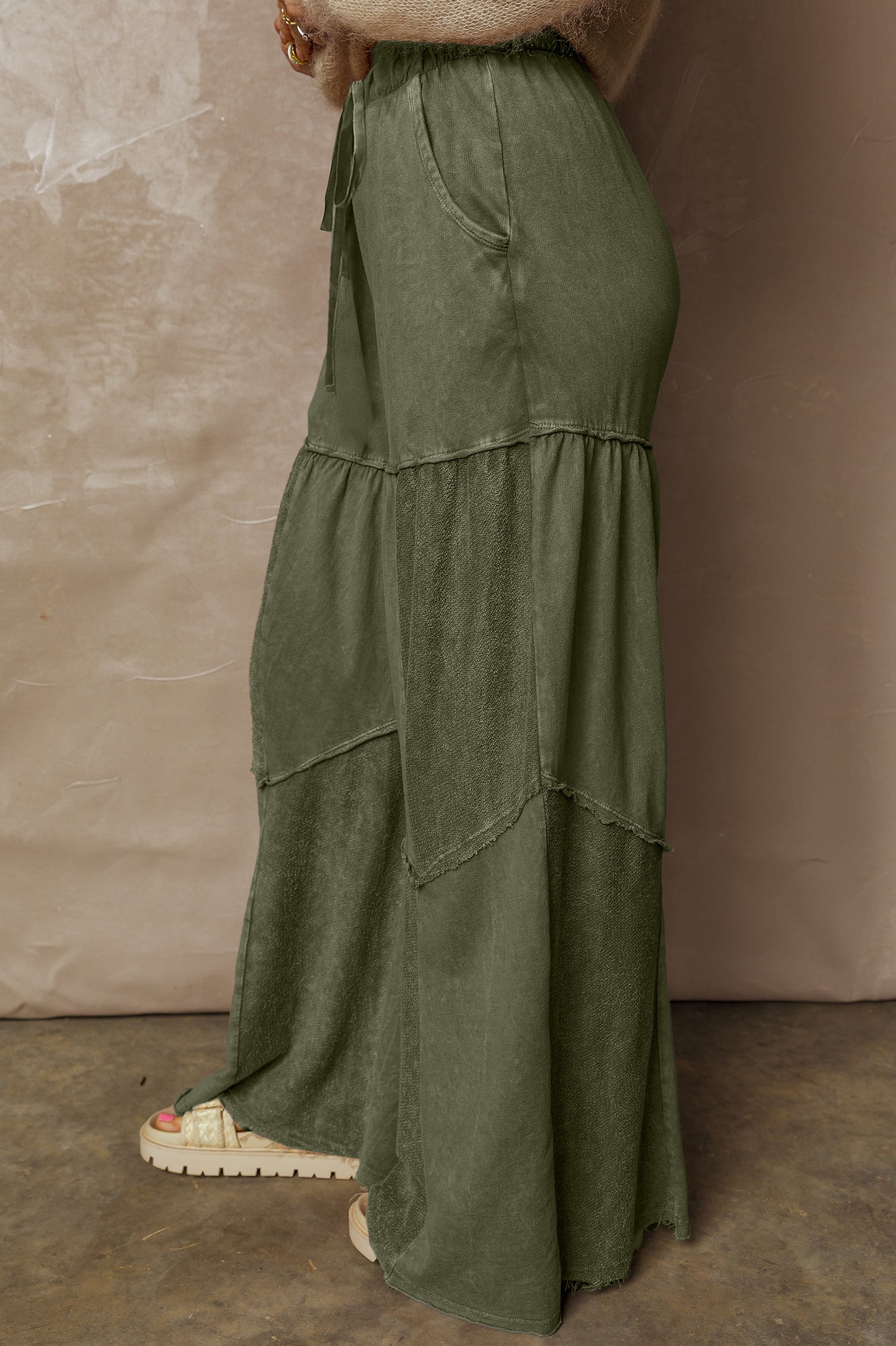 Wild Ginger Careys Mineral Wash Tiered Wide Leg Patchwork Drawstring Pants