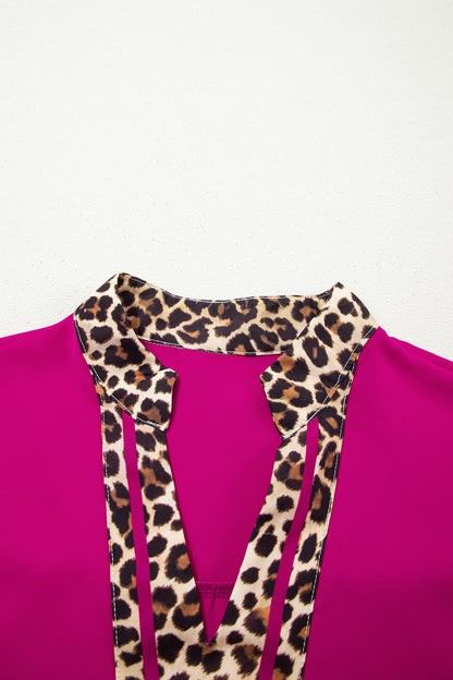 Leopard Patchwork Trim Split Neck Short Sleeve Blouse