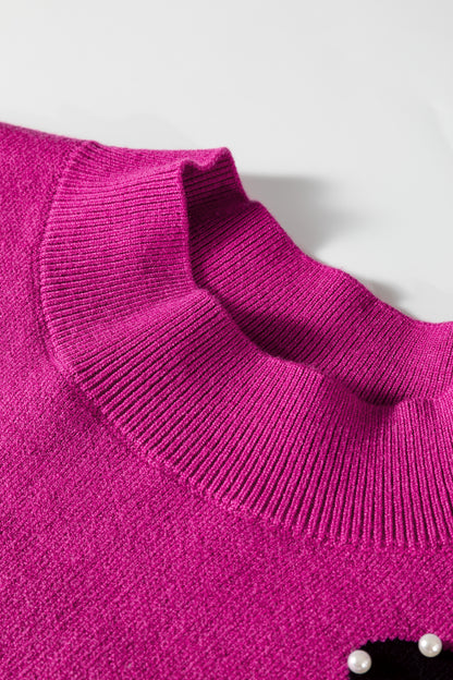 Bright Pink Pearl Embellished Bow Pattern Loose Sweater