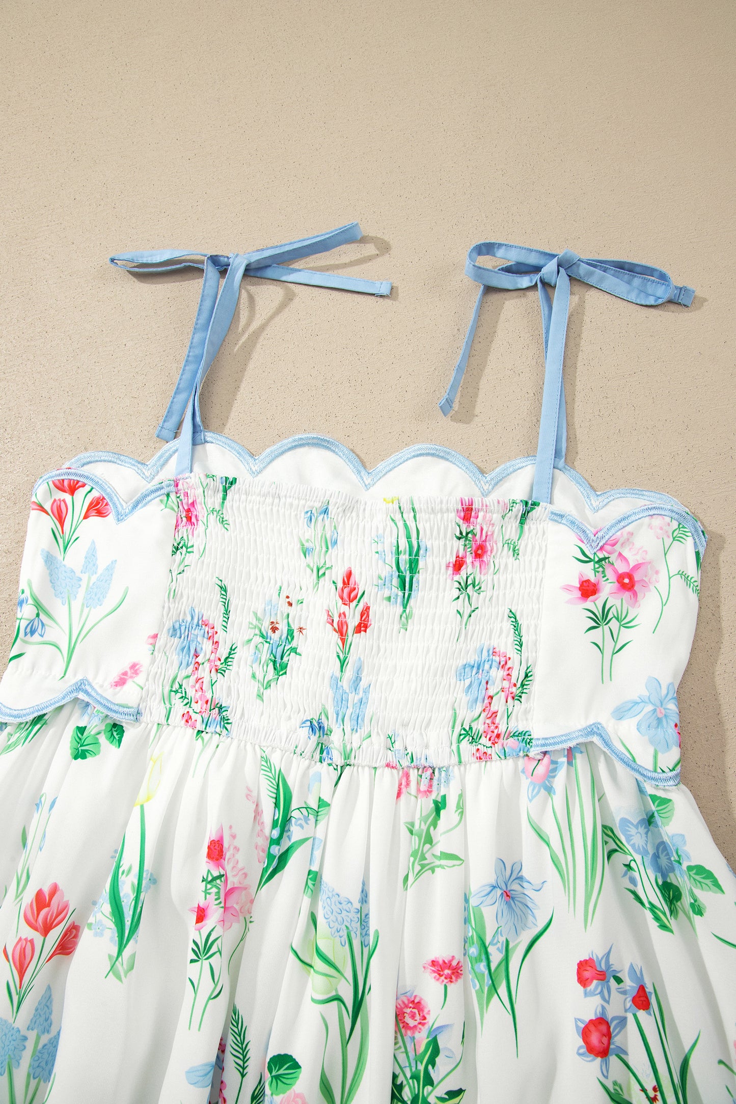 Floral Print Contrast Trim Self-tie Straps High Waist Midi Dress