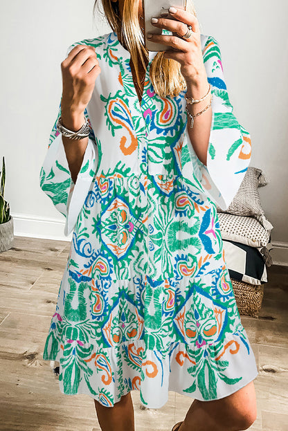 Printed Tribal Bracelet Sleeve Buttoned Mini Dress