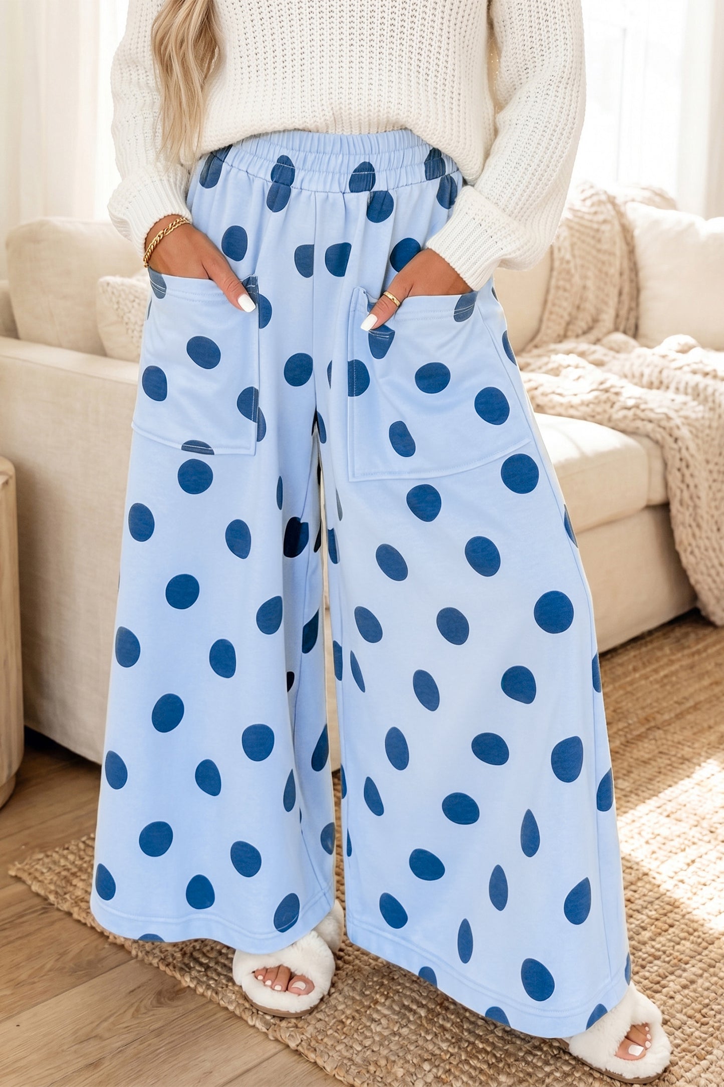 Polka Dot Wide Leg Elastic Waist Casual Pants