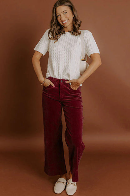 Burgundy Corduroy Solid Color High Waist Wide Leg Pants