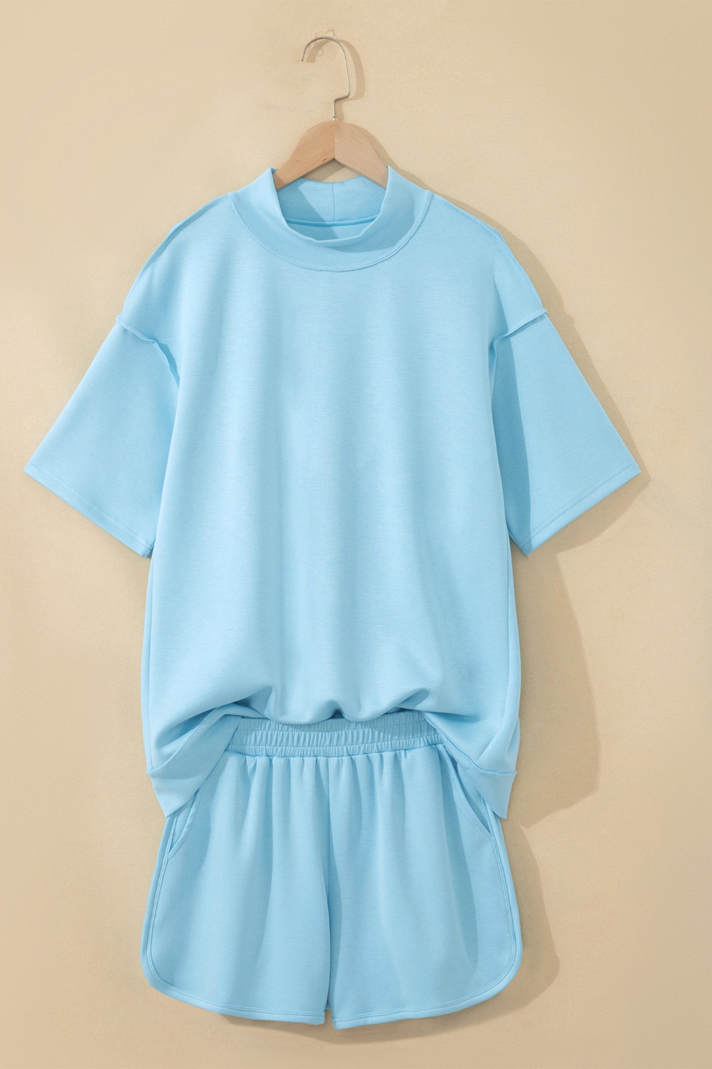 Solid Color Exposed Seam Mock Neck Oversize Tee Casual Shorts 2pcs Outfit