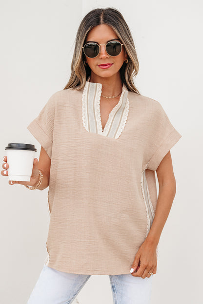 Crochet Lace Accent Pullover Rolled Short Sleeve Blouse