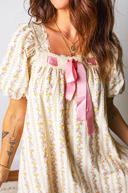 Multicolour Floral Print Contrast Ribbon Bow Lace Trim Square Neck Mini Dress