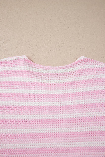 Pink Striped Print Waffle Knit T Shirt
