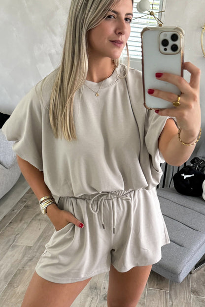 Solid Color Puffy Loose Top Drawstring Shorts 2pcs Outfit