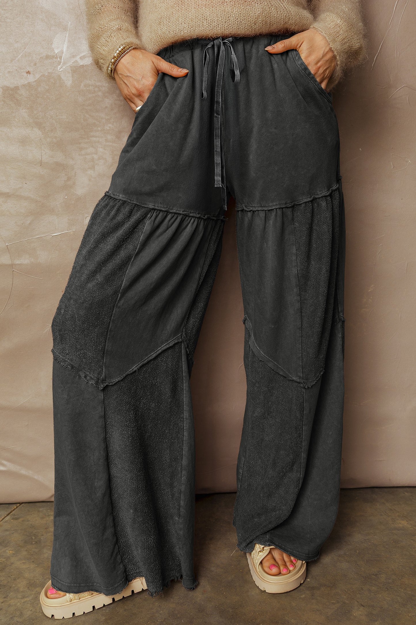 Wild Ginger Careys Mineral Wash Tiered Wide Leg Patchwork Drawstring Pants