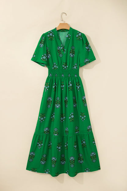 Floral Print Split Neck Shirred High Waist Ruffle Hem Maxi Dress