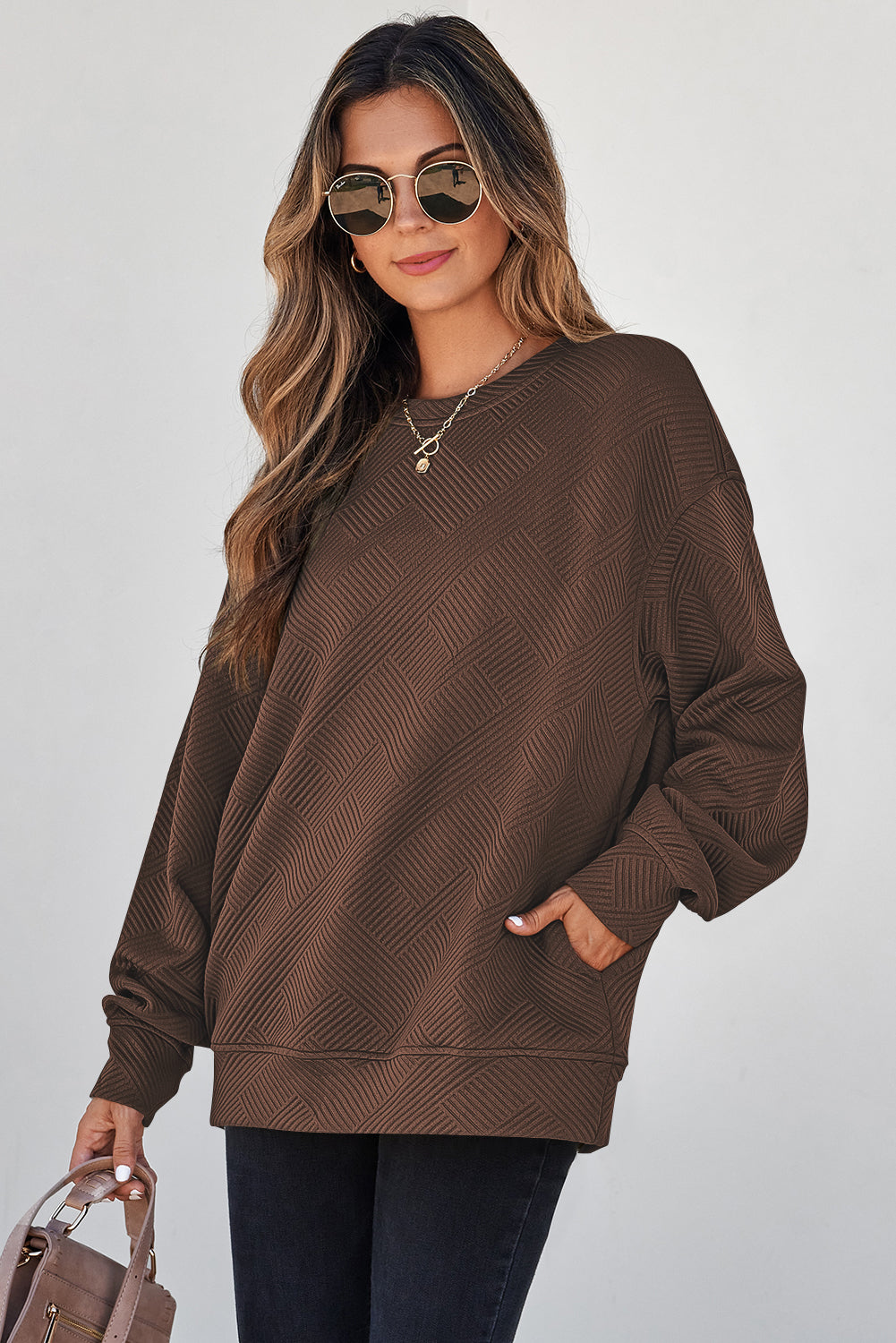 Solid Color Textured Round Neck Drop Shoulder Pullover Sweatshirt