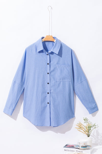 Stripe Roll-tab Sleeve Pocketed Long Shirt