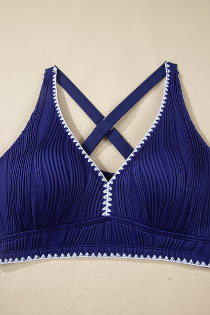 Shell Stitched Trim V Neck Textured Mix and Match High Waist Bikinis