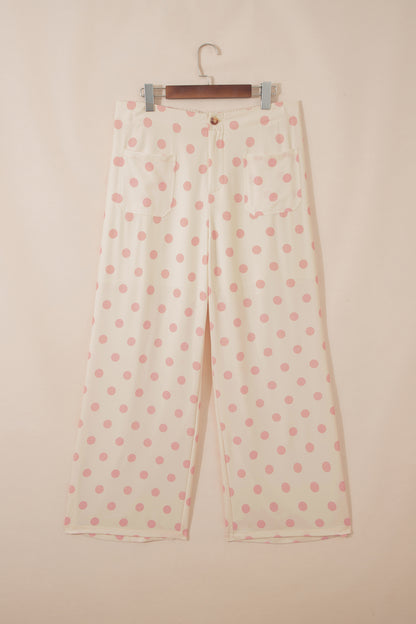 White Polka Dot Print Patched Pocket Loose Pants